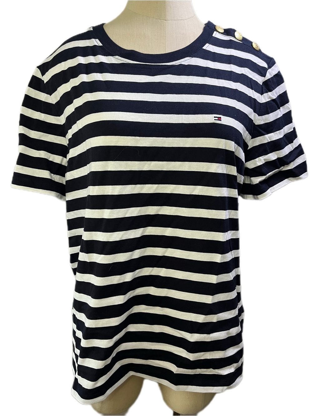 Tommy Hilfiger Navy & White Striped Short Sleeve Crew with Gold Buttons